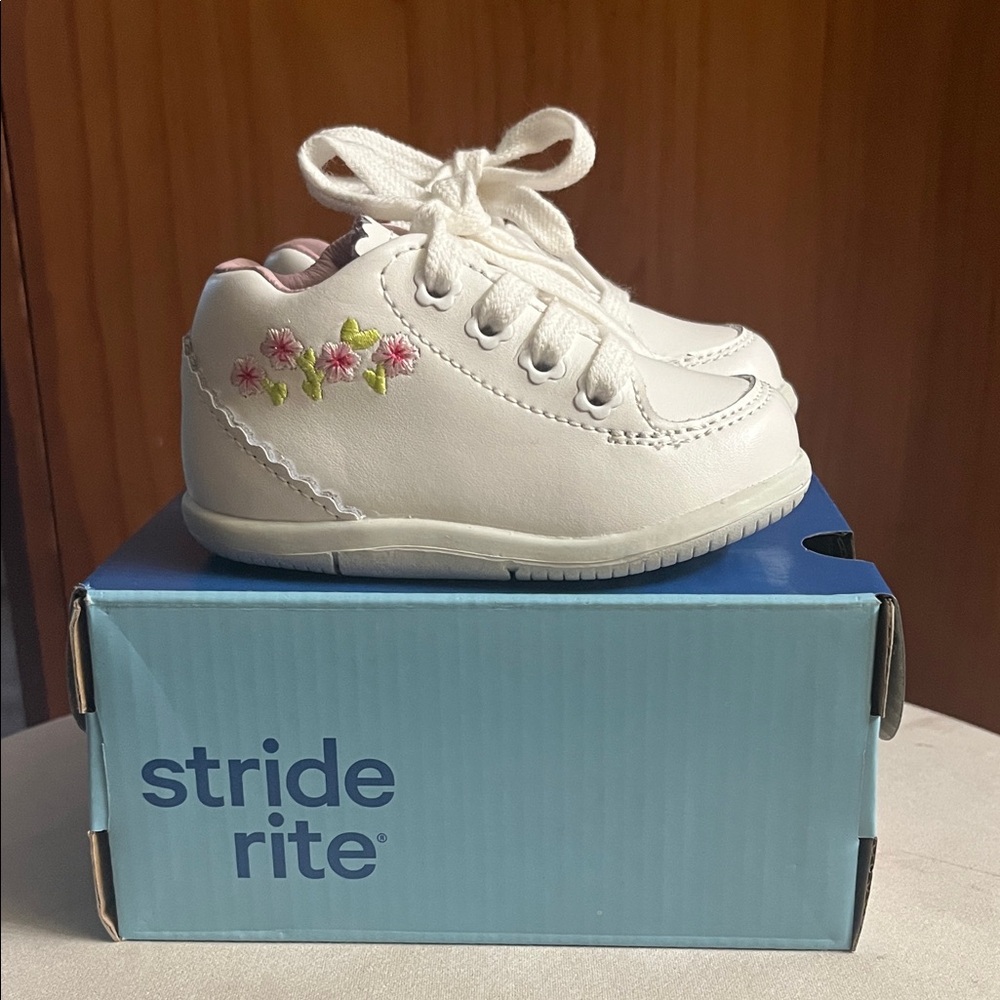 Stride Rite White Baby Shoes with Pink Floral Design